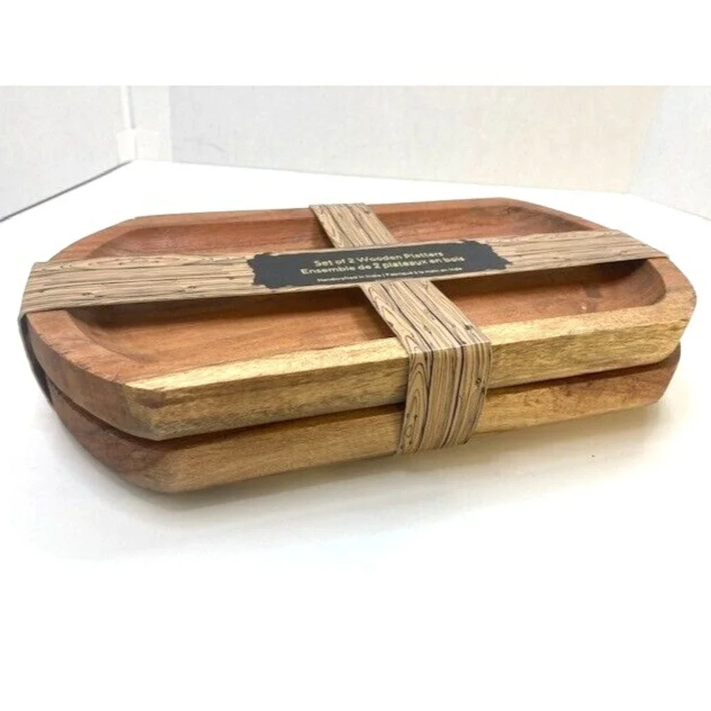 Set‎ of 2 Wooden Platters Handcrafted in India 12in x6in Boho MCM